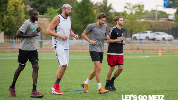 Les Metz Canonniers reprenaient les chemins de l'entraînement ce lundi, avec des tests physiques au programme. (De gauche à droite : Pape Modou Mbaye, Vincent Pourchot, Romain Dardaine et Baptiste Guérandel)